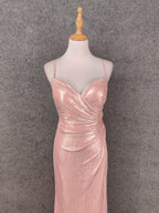 Sweet Pink Spaghetti Strap V-Neck Ruffled Open Back Satin Train Prom Dress Evening Dress Bridesmaid Dress