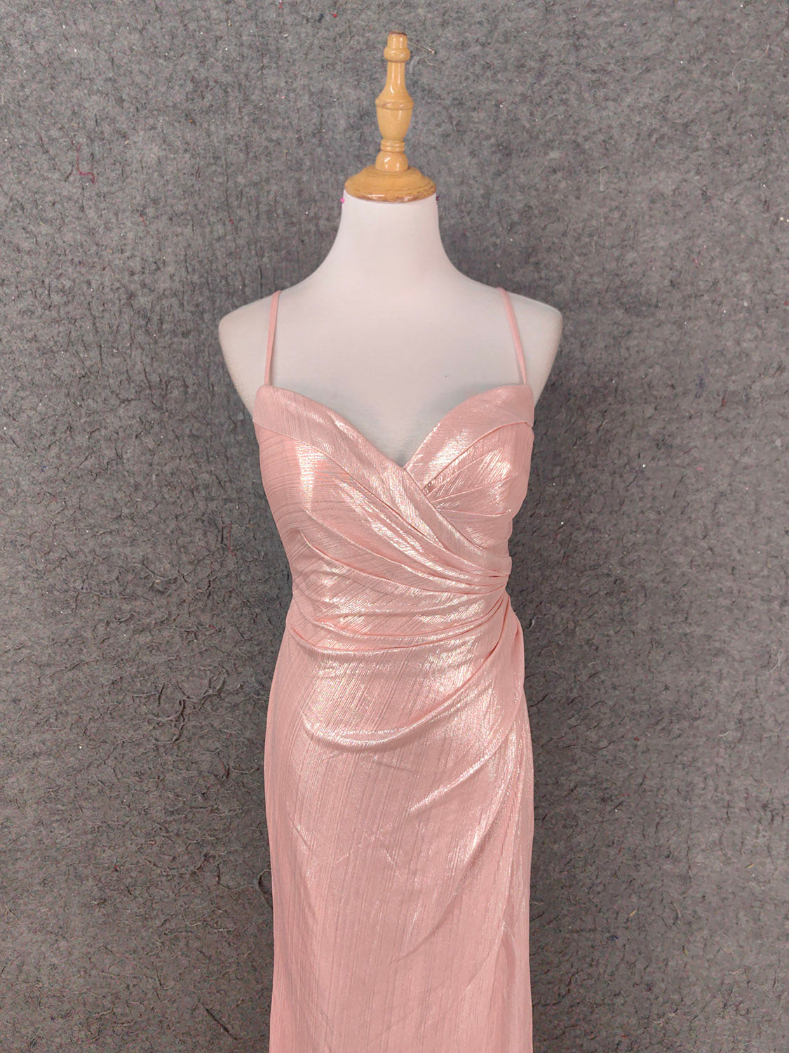Sweet Pink Spaghetti Strap V-Neck Ruffled Open Back Satin Train Prom Dress Evening Dress Bridesmaid Dress