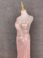 Sweet Pink Spaghetti Strap V-Neck Ruffled Open Back Satin Train Prom Dress Evening Dress Bridesmaid Dress