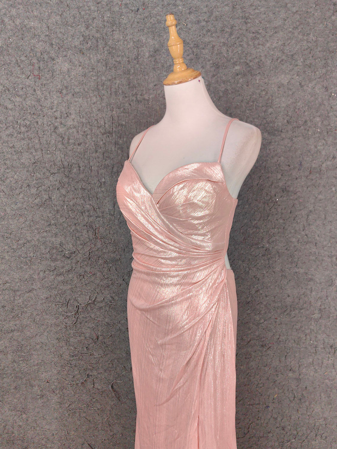 Sweet Pink Spaghetti Strap V-Neck Ruffled Open Back Satin Train Prom Dress Evening Dress Bridesmaid Dress