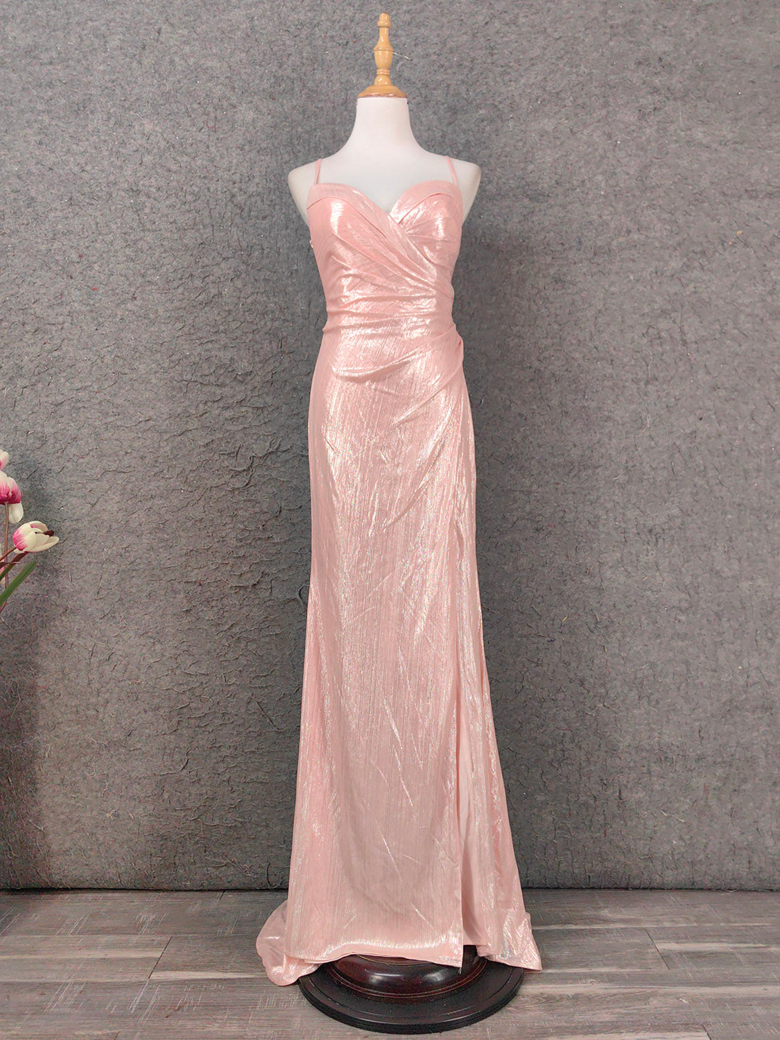 Sweet Pink Spaghetti Strap V-Neck Ruffled Open Back Satin Train Prom Dress Evening Dress Bridesmaid Dress Main image