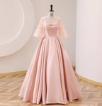 Sweet Pink Square Neck Lace Sleeve Satin Ball Gown Evening Dress Sweet 16 Dress