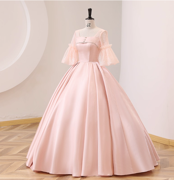 Sweet Pink Square Neck Lace Sleeve Satin Ball Gown Evening Dress Sweet 16 Dress