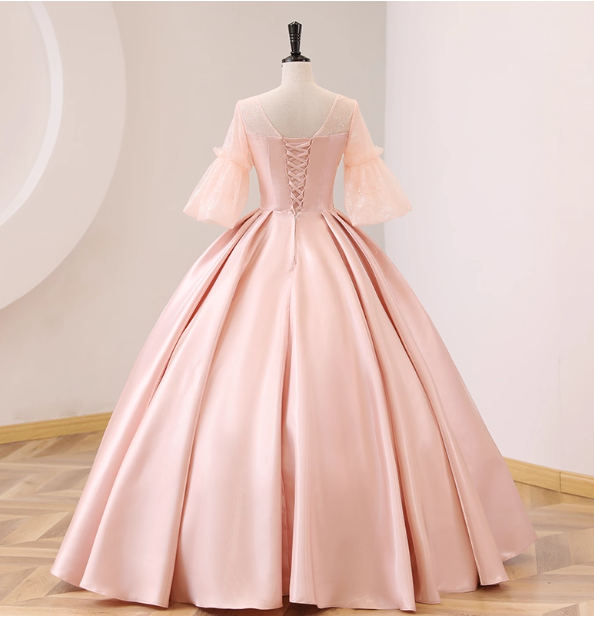 Sweet Pink Square Neck Lace Sleeve Satin Ball Gown Evening Dress Sweet 16 Dress