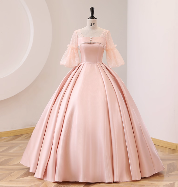 Sweet Pink Square Neck Lace Sleeve Satin Ball Gown Evening Dress Sweet 16 Dress Main image