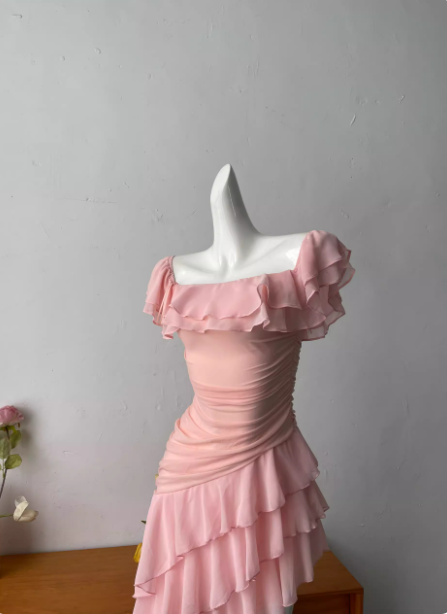 Sweet Pink Square Neck Ruffle Irregular Chiffon Long Prom Dress Evening Dress Secondary image