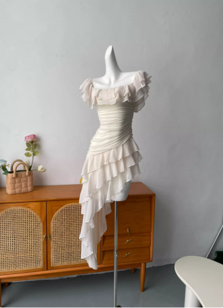 Sweet Pink Square Neck Ruffle Irregular Chiffon Long Prom Dress Evening Dress