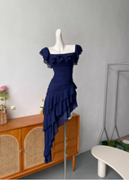 Sweet Pink Square Neck Ruffle Irregular Chiffon Long Prom Dress Evening Dress