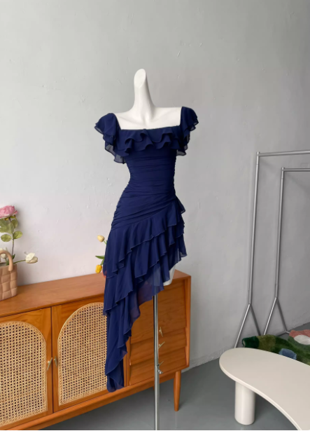 Sweet Pink Square Neck Ruffle Irregular Chiffon Long Prom Dress Evening Dress