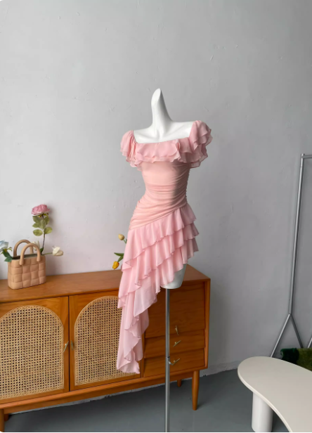 Sweet Pink Square Neck Ruffle Irregular Chiffon Long Prom Dress Evening Dress Main image