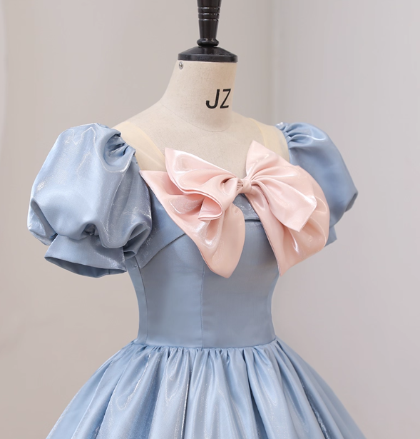 Sweet Princess Light Blue Square Neck Bow Puff Sleeve Satin Ball Gown Evening Dress Sweet 16 Dress Secondary image