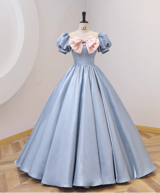 Sweet Princess Light Blue Square Neck Bow Puff Sleeve Satin Ball Gown Evening Dress Sweet 16 Dress