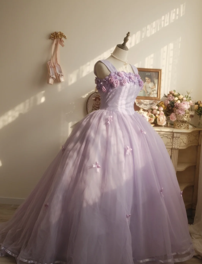 Sweet Princess Light Purple 3D Floral Square Neck Bow Tulle Ball Gown Evening Dress Sweet 16 Dress Secondary image