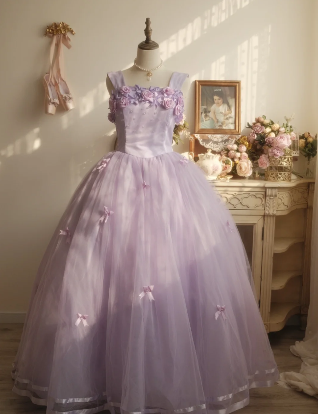 Sweet Princess Light Purple 3D Floral Square Neck Bow Tulle Ball Gown Evening Dress Sweet 16 Dress