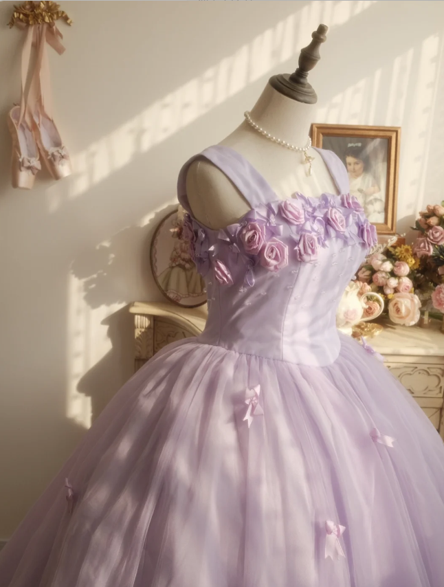 Sweet Princess Light Purple 3D Floral Square Neck Bow Tulle Ball Gown Evening Dress Sweet 16 Dress
