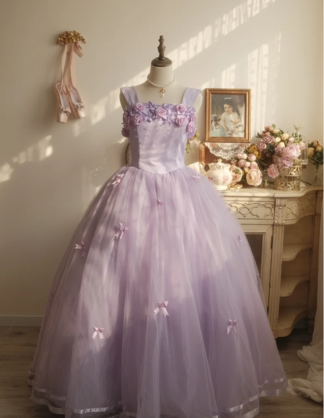 Sweet Princess Light Purple 3D Floral Square Neck Bow Tulle Ball Gown Evening Dress Sweet 16 Dress Main image
