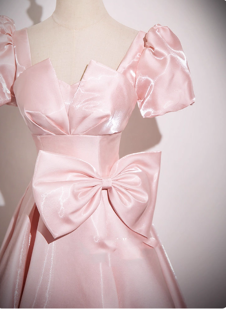 Sweet Princess Pink A-Line Short Sleeve Bow Satin Long Prom Dress Evening Dress Secondary image