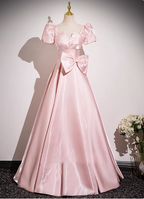 Sweet Princess Pink A-Line Short Sleeve Bow Satin Long Prom Dress Evening Dress