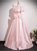 Sweet Princess Pink A-Line Short Sleeve Bow Satin Long Prom Dress Evening Dress