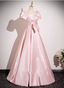 Sweet Princess Pink A-Line Short Sleeve Bow Satin Long Prom Dress Evening Dress