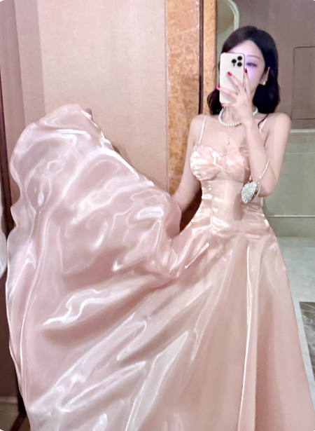 Sweet Princess Pink A-Line Spaghetti Strap Satin Long Prom Dress Evening Dress Secondary image