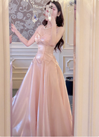 Sweet Princess Pink A-Line Spaghetti Strap Satin Long Prom Dress Evening Dress
