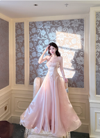 Sweet Princess Pink A-Line Spaghetti Strap Satin Long Prom Dress Evening Dress