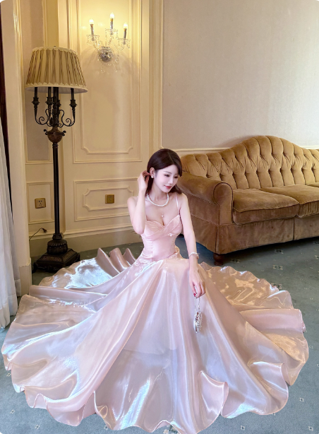 Sweet Princess Pink A-Line Spaghetti Strap Satin Long Prom Dress Evening Dress
