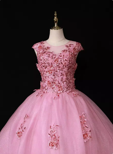 Sweet Princess Pink Crew Neck Embroidered Tulle Long Prom Dress Evening Dress Secondary image