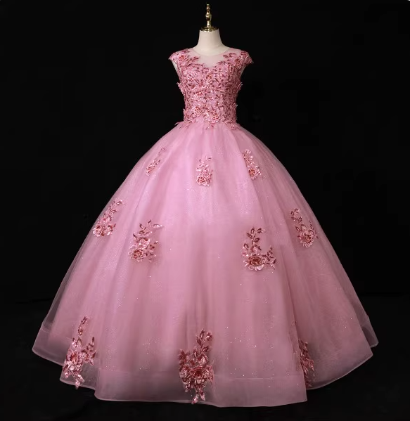 Sweet Princess Pink Crew Neck Embroidered Tulle Long Prom Dress Evening Dress Main image