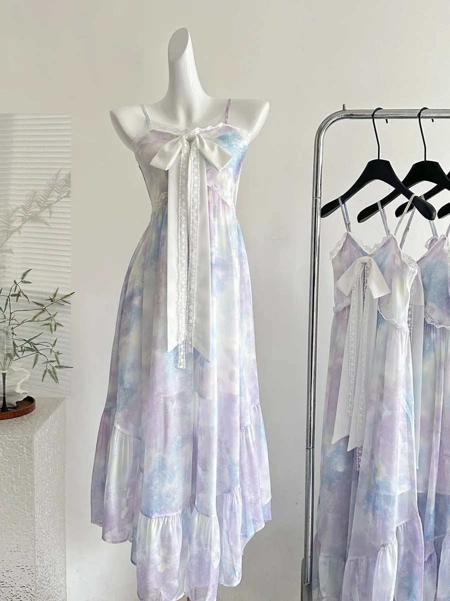 Sweet Purple And Blue Gradient A-Line Suspender Bow Chiffon Long Prom Dress Evening Dress
