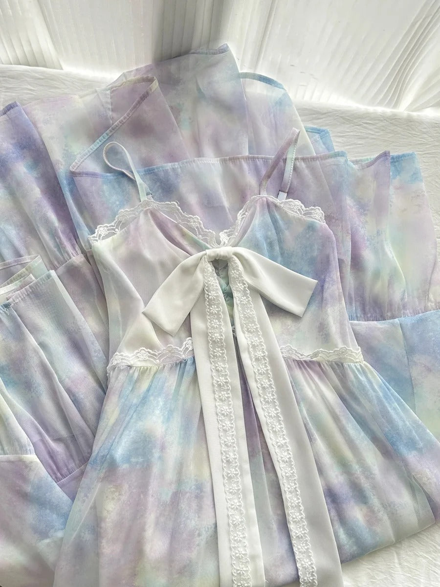 Sweet Purple And Blue Gradient A-Line Suspender Bow Chiffon Long Prom Dress Evening Dress