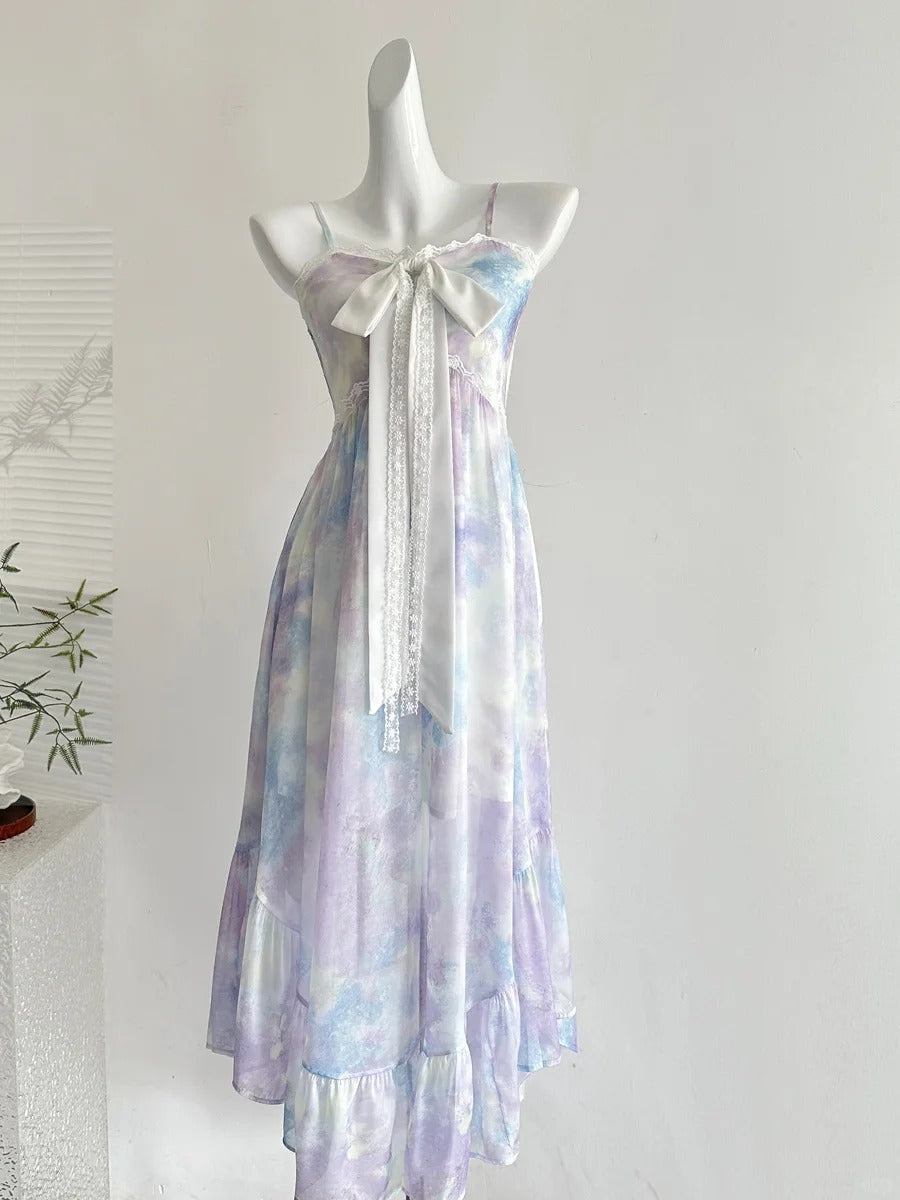 Sweet Purple And Blue Gradient A-Line Suspender Bow Chiffon Long Prom Dress Evening Dress Main image