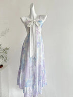 Sweet Purple And Blue Gradient A-Line Suspender Bow Chiffon Long Prom Dress Evening Dress