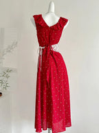 Sweet Red And White Polka Dot A-Line Ruffle Waist Long Prom Dress 17Th Birthday Dress