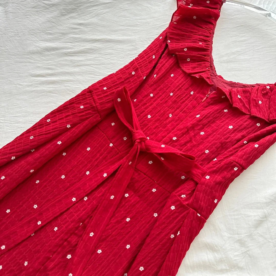 Sweet Red And White Polka Dot A-Line Ruffle Waist Long Prom Dress 17Th Birthday Dress