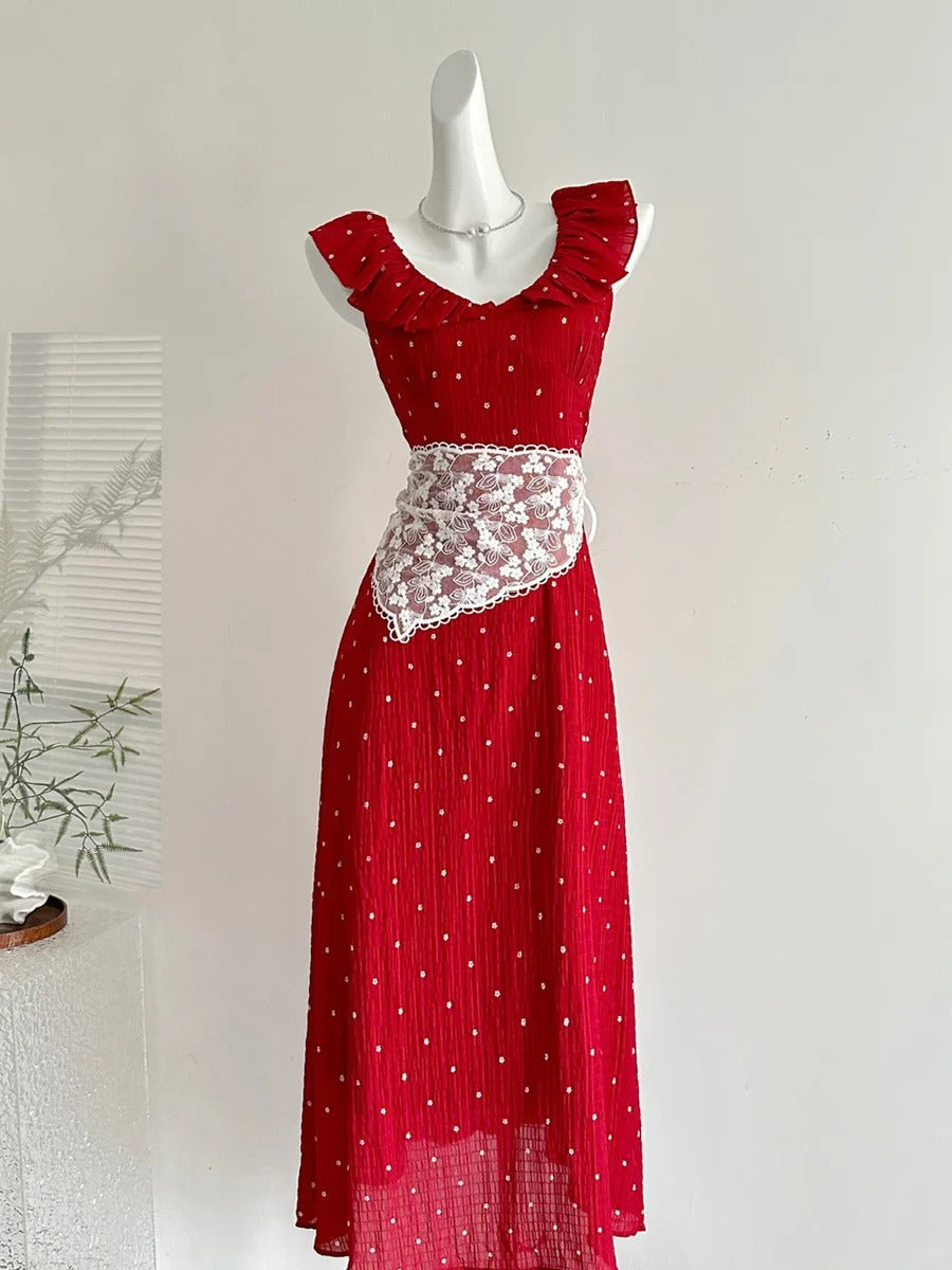Sweet Red And White Polka Dot A-Line Ruffle Waist Long Prom Dress 17Th Birthday Dress
