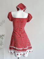 Sweet Retro Red And White Plaid Short-Sleeved Waist A-Line 15Th Birthday Homecoming Dress