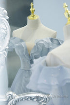 Sweet Sky Blue Sparkling Pleated Short Sleeved Off Shoulder Ball Dress Sky Blue A-Line Princess Backless Tie With Ruffle Edge And Floor Length Evening Dress