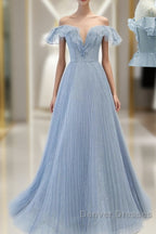 Sweet Sky Blue Sparkling Pleated Short Sleeved Off Shoulder Ball Dress Sky Blue A-Line Princess Backless Tie With Ruffle Edge And Floor Length Evening Dress