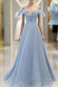 Sweet Sky Blue Sparkling Pleated Short Sleeved Off Shoulder Ball Dress Sky Blue A-Line Princess Backless Tie With Ruffle Edge And Floor Length Evening Dress