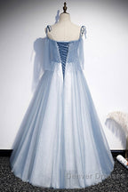 Sweet Sky Blue Thin Shoulder Strap Sleeveless Applique Lace Bead Dress Dress With Sky Blue A-Line Glittering Thin Gauze Open Back Strap Long Ruffle Edge Evening Dress