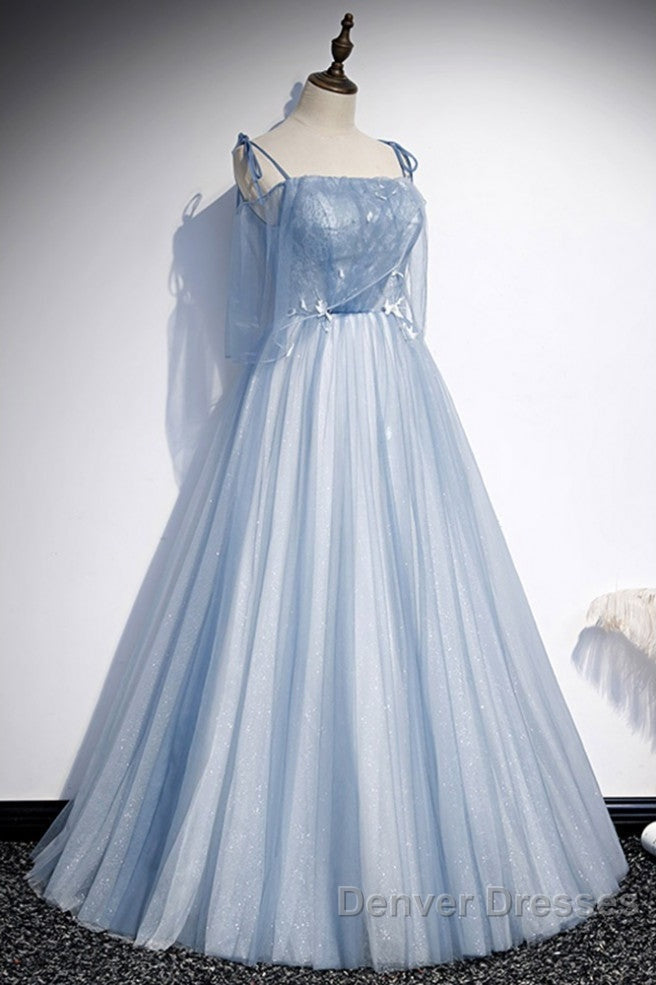 Sweet Sky Blue Thin Shoulder Strap Sleeveless Applique Lace Bead Dress Dress With Sky Blue A-Line Glittering Thin Gauze Open Back Strap Long Ruffle Edge Evening Dress