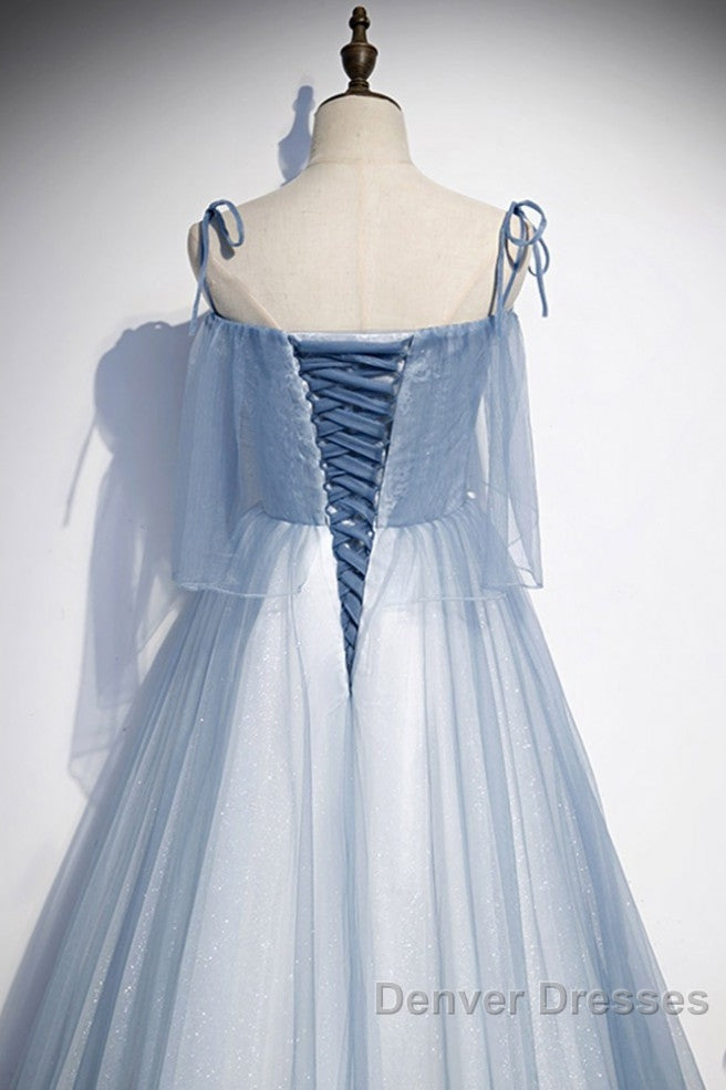 Sweet Sky Blue Thin Shoulder Strap Sleeveless Applique Lace Bead Dress Dress With Sky Blue A-Line Glittering Thin Gauze Open Back Strap Long Ruffle Edge Evening Dress