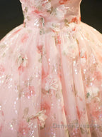 Sweet Strapless Tulle Flower Pink Print Prom Dress