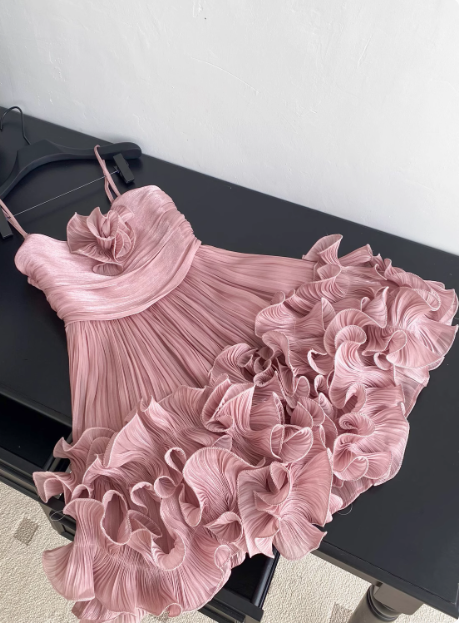 Sweet Suspender Pleated Three-Dimensional Flower Ruffle Pink Birthday Skirt Homecoming Dress Secondary image