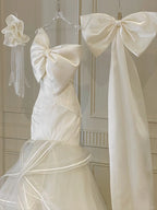 Sweet White Mermaid Bow Satin Tulle Wedding Dress With Train