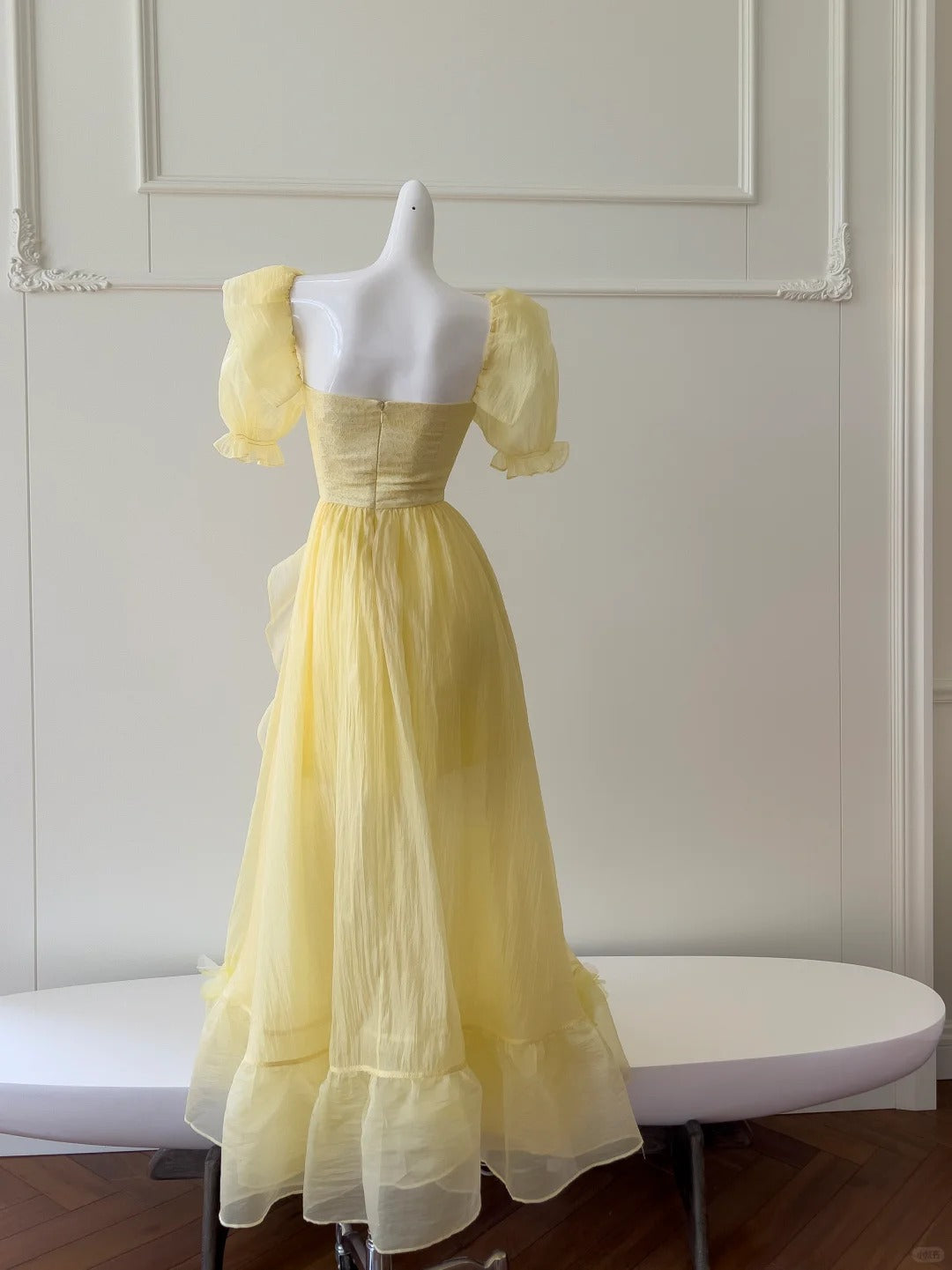 Sweet Yellow A-Line Square Neck Puff Sleeve Lace Tulle Long Prom Dress
