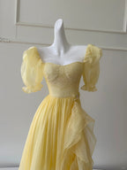 Sweet Yellow A-Line Square Neck Puff Sleeve Lace Tulle Long Prom Dress