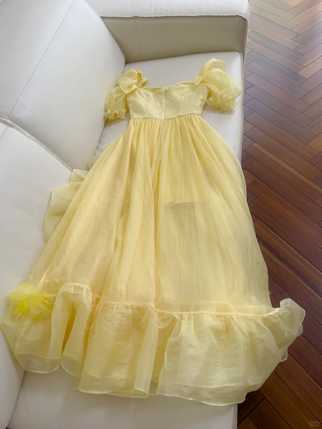 Sweet Yellow A-Line Square Neck Puff Sleeve Lace Tulle Long Prom Dress